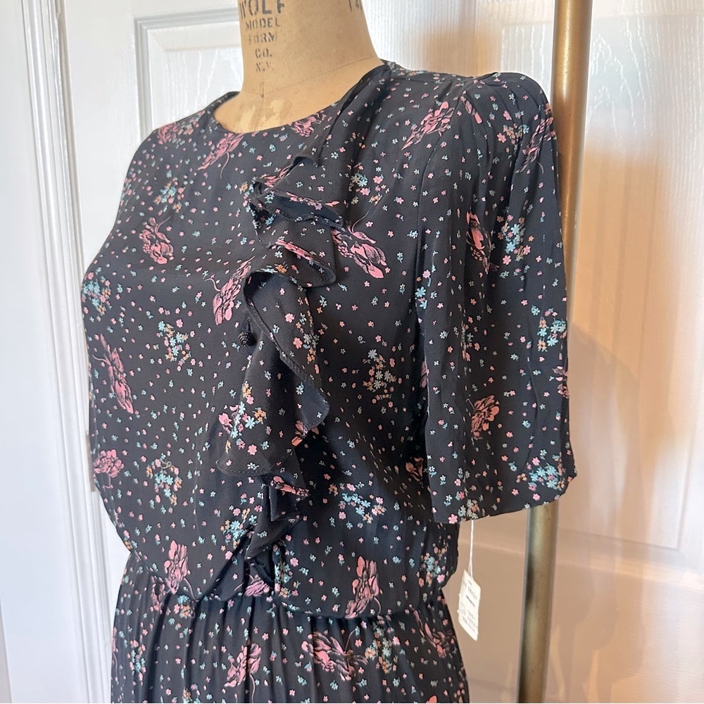 Vintage Rayon 80s does 40s Floral Print Black Dress with Ruffle